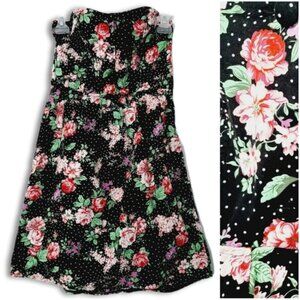 SHIKHA LONDON Strapless Floral & Polka Dot Mini Dress Black & Pink Sz M